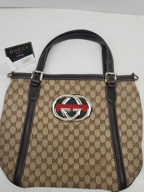 Gucci BRITT Beige GG Canvas Tote with Brown Leather SHERRY GG